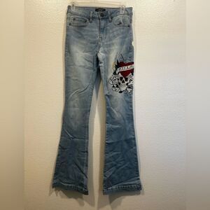 Ed Hardy Light Blue Flare Jeans with Skull Art